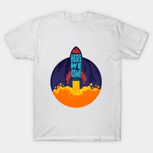 Mars Here We Come Spaceship Text Wrap T-Shirt